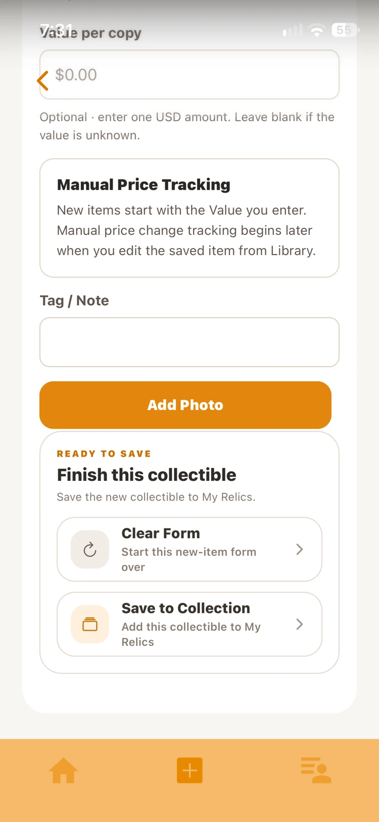 Relic Collect custom photo and manual value entry
