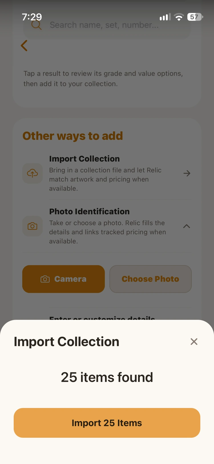 Relic Collect import review showing items found