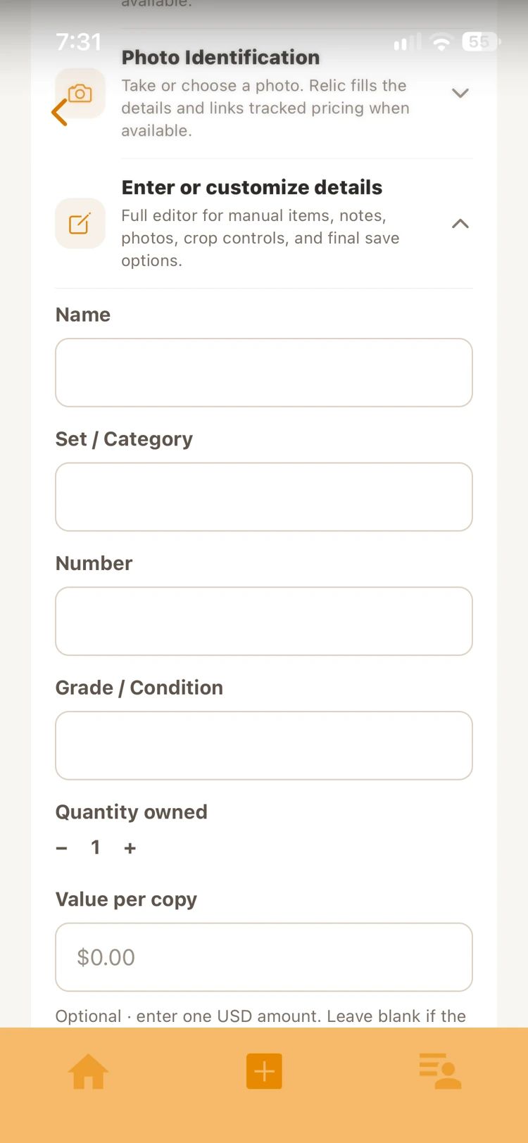 Relic Collect manual item entry fields