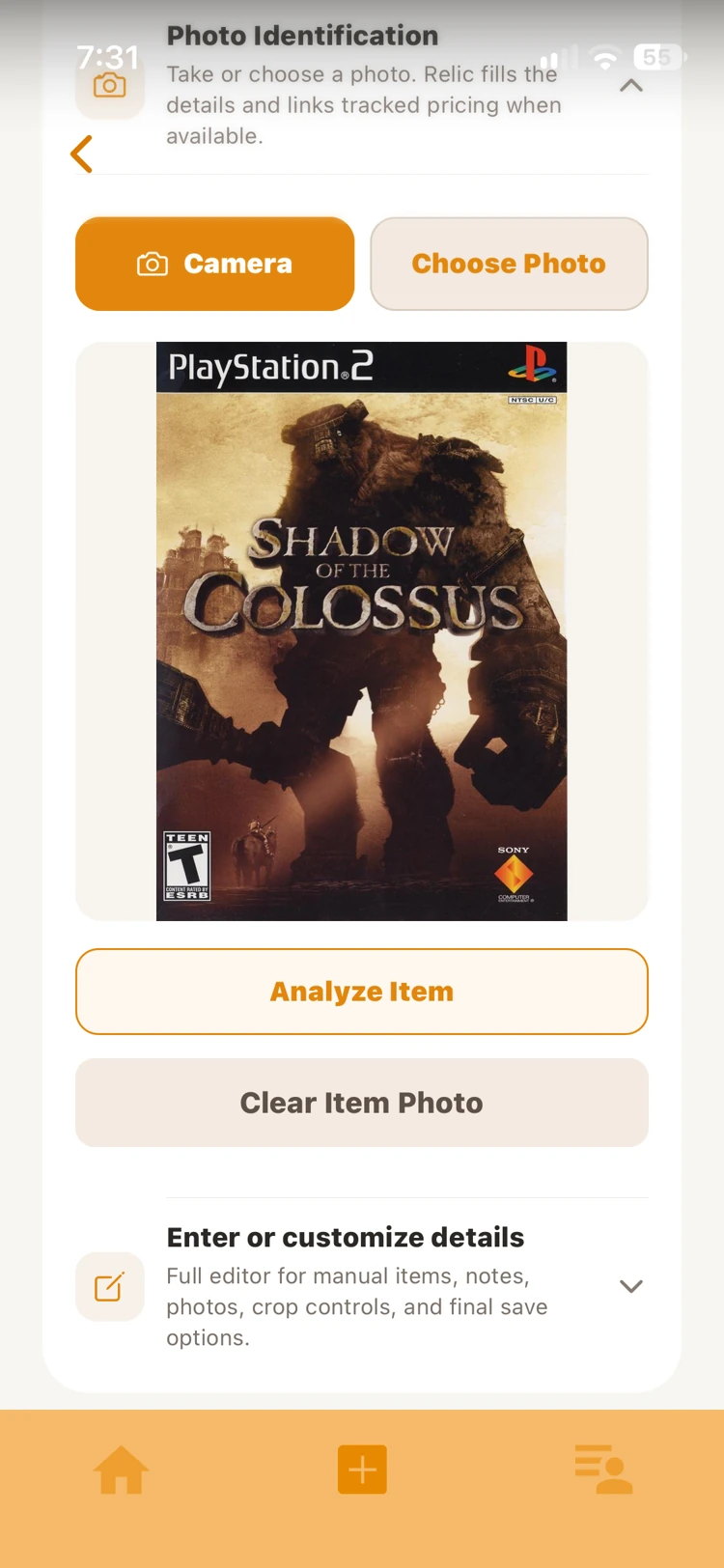 Relic Collect photo identification with a game cover