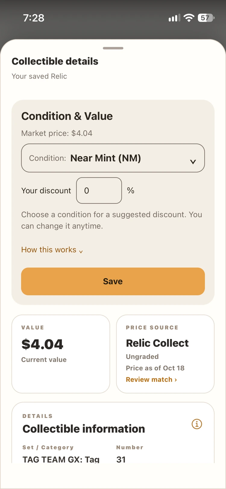 Relic Collect collectible condition and price information