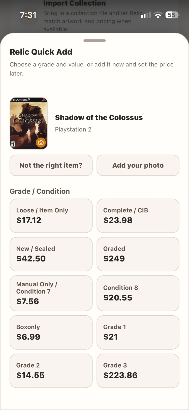 Relic Collect Quick Add showing condition and value choices