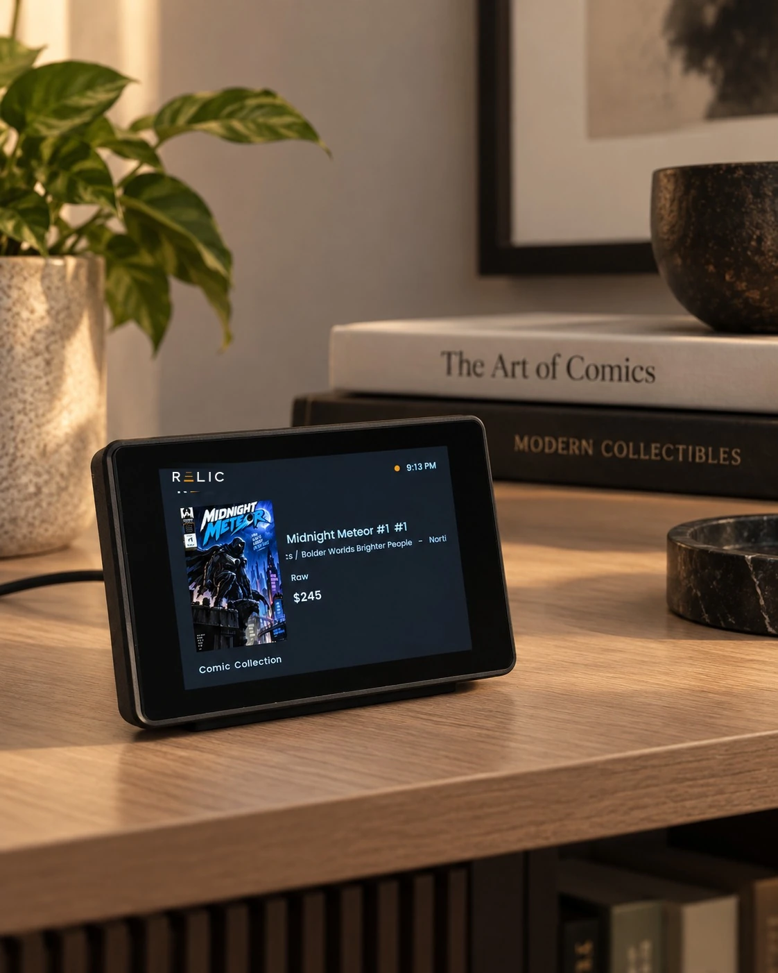 Relic Display prototype beside books in a warm interior