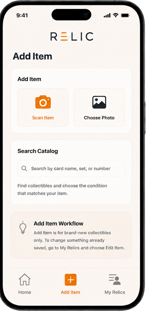 RELIC app add item screen