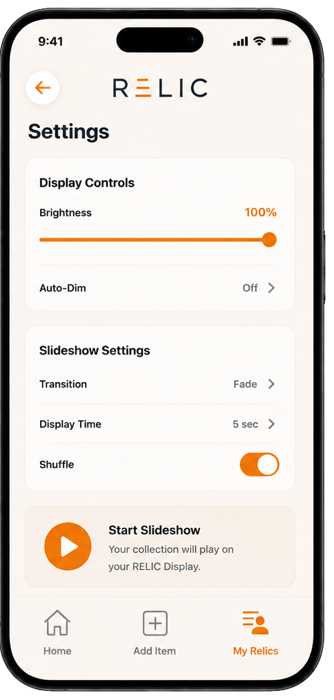 RELIC app settings screen